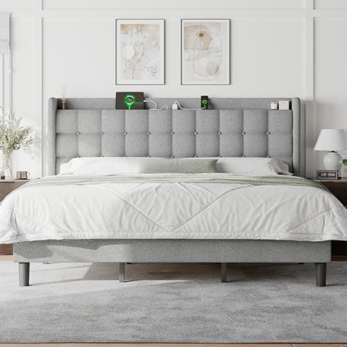 Feonase King Size Bed Frame with Charging Station, Upholstered Platform Bed with Wingback Storage Headboard, No Box Spring Needed, Noise-Free, Light Gray - Image 1
