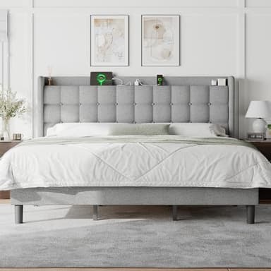 Feonase King Size Bed Frame with Charging Station, Upholstered Platform Bed with Wingback Storage Headboard, No Box Spring Needed, Noise-Free, Light Gray - Image 1