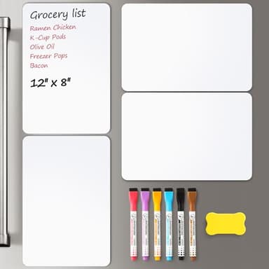 4 PACK Magnetic Dry Erase Board Sheet for Fridge, 12"x8" Erasable Refrigerator WhiteBoard w/ 6 Markers & 1 Eraser- Smooth and Flexible Small Magnet Blank Notepad for Home Kitchen Organizer and Planner - Image 1