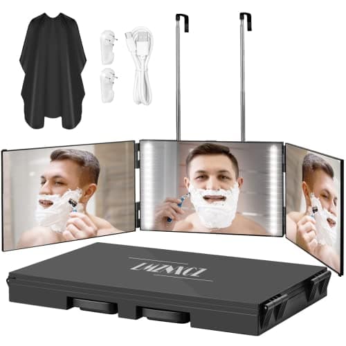 LMZNXCZ with LED Lights 3 Way Mirror for Self Hair Cutting,360 Haircuts Mirror Men for Barber Use Tools,to See Back of Head,Tri Fold with Portable Height Adjustable Telescoping Hooks - Image 1