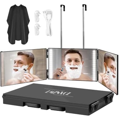LMZNXCZ with LED Lights 3 Way Mirror for Self Hair Cutting,360 Haircuts Mirror Men for Barber Use Tools,to See Back of Head,Tri Fold with Portable Height Adjustable Telescoping Hooks - Image 1