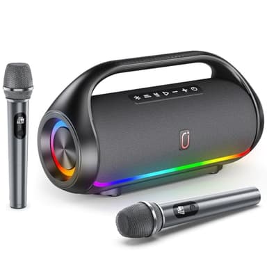 HWWR Portable Bluetooth Speaker with 2 Wireless Microphones, IPX5 Waterproof Speakers with Deep Bass & LED Lights, Loud Stereo Portable Speaker for Outdoor Indoor Home Parties Hiking Camping - Image 1
