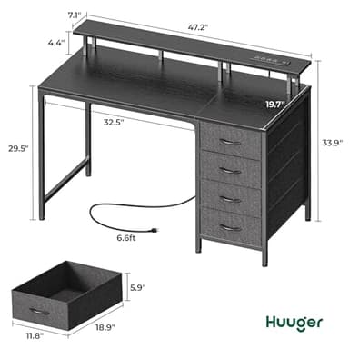 Huuger 47 Inch Computer Desk with Power Outlets and LED Lights, Gaming Desk with 4 Drawers, Office Desk with Monitor Stand, Study Work Home Office, Small Spaces, Black - Image 2