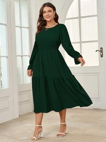 SHESTARR Women's Plus Size Dress Long Sleeve Crewneck Smocked Tiered Flowy Boho Wedding Party Maxi Dresses Emerald Green - Image 5