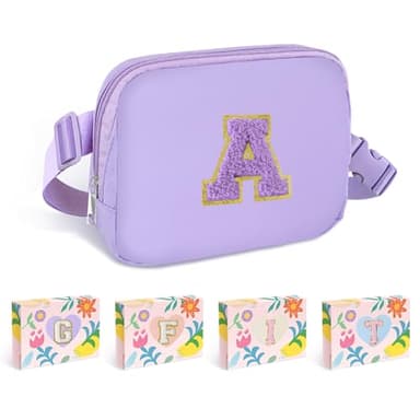 Purple Belt Bag Fanny Pack Crossbody Travel Essential Stuff Trendy Birthday Easter Gifts for 4 5 6 7 8 9 10 11 12 Year Old Little Big Girls Monogrammed Cute Presents Initial Letter A - Image 1