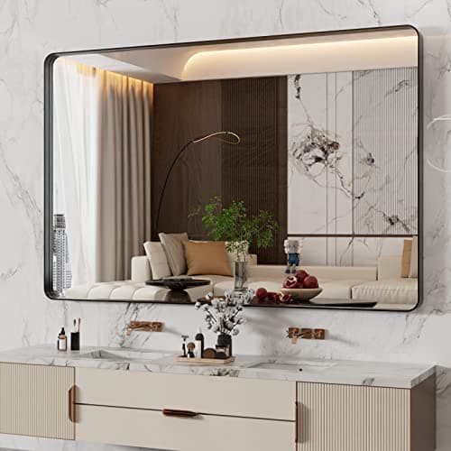WEER 55X36 Inch Black Metal Framed Bathroom Mirror, Black Bathroom Vanity Mirror Farmhouse, Rounded Rectangular Matte Black Wall Mirrors, Tempered Glass, Anti-Rust (Horizontal/Vertical) - Image 1