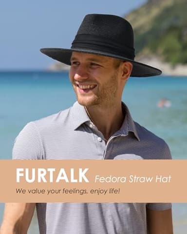 FURTALK Sun Hats for Women Men Panama Hat Wide Brim Fedora Straw Beach Hat UV UPF 80+ Beach Vacation Essentials Black - Image 6