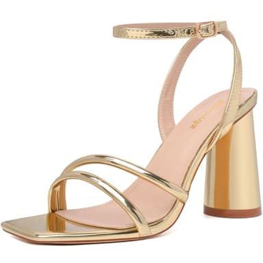 RIBONGZ Gold Prom Heels for Women Strappy Block High Heels Square Open Toe Ankle Strap Chunky Heeled Sandals Wedding Bridal Shoes High Heel Sandals for Party Dress 9 - Image 1