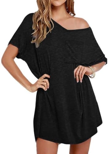 Ekouaer Womens Tshirt Nightgown Cotton V Neck Sleepshirts Comfy Casual Nightshirt for Women, Black, Medium - Image 1