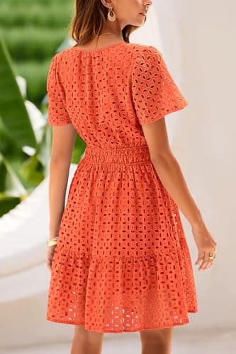 PRETTYGARDEN Womens 2025 Summer Short Dress V Neck Short Sleeve A Line Hollow Out Lace Ruffle Cute Casual Beach Party Dresses (Orange,Medium) - Image 2