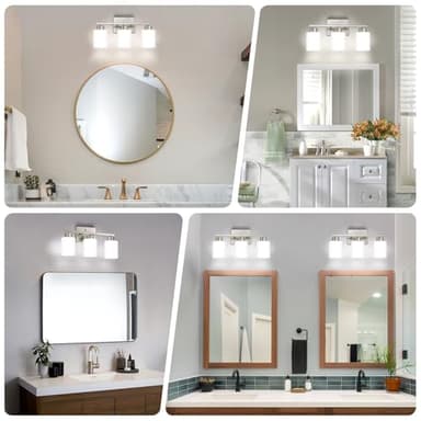 FonmYim Brushed Nickel Bathroom Light Fixtures, 3-Light Modern Vanity Light Over Mirror, Wall Sconces with Milky White Frosted Glass Shades, E26 Socket (Bulbs Not Included) - Image 3