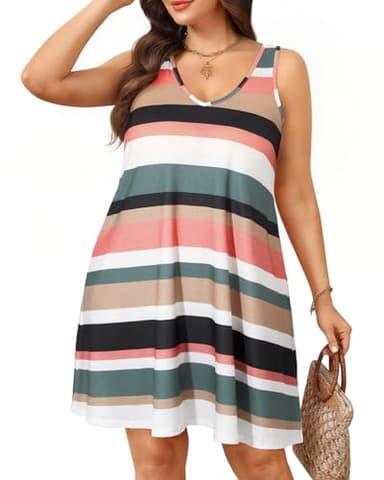 Pinup Fashion Women Plus Size Casual Dresses Summer Sleeveless Sundress Striped Criss Cross Back T-Shirt Tank Dress with Pockets - Image 4