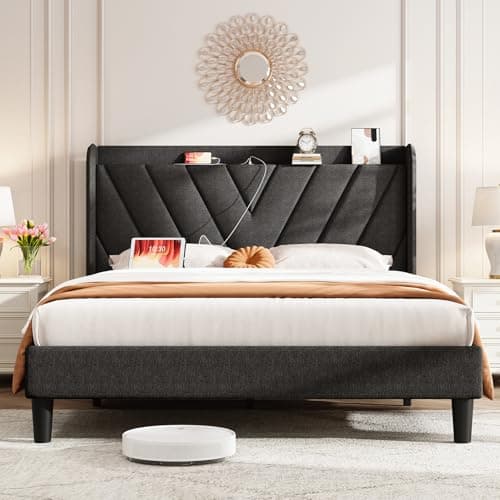koorlian Queen Bed Frame with Headboard, Adjustable Upholstered Platform Bed Frame with Type-C&USB Ports, Wingback Storage Headboard, Solid Wood Slats Support, No Box Spring Needed, Dark Gray - Image 1