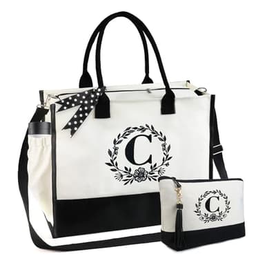BeeGreen Gifts for Her, Teacher Women, Personalized Tote Bag for Mom, Mother Coworkes, Initial Beach Bag with Make-up Bag, Large Cotton Totes with Zipper and Shoulder Straps Letter C - Image 1