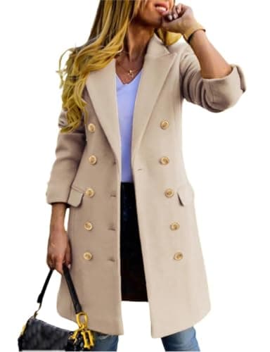 IDEALSANXUN Wool Coats for Women 2025 Fall Winter Double Breasted Mid Length Dress Trench Coats Peacoat Jacket(Beige, XXL) - Image 1