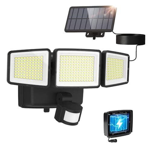 UME Hybrid Solar and Battery Powered Motion Sensor Outdoor Lights, 302 LED 1800LM, IP65 Waterproof, 3-Head Motion Activated LED Flood Lights, Energy Efficient Hybrid Security Light for Garden, Patio - Image 1