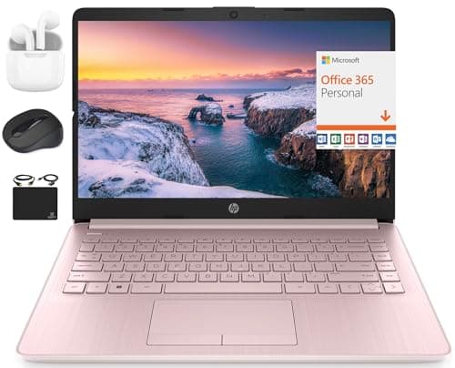 HP New 14" HD Ultral Light Thin Laptop, Quad-Core Intel Celeron Processor, 4GB RAM, 128GB (64GB eMMC+ 64GB Card), Wi-Fi, Upto 11 Hours, Windows 11 S + 1 Year Office 365+HubxcelAccessory, Pink - Image 1