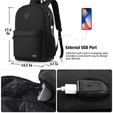 YAMTION Black Backpack for Women Men,Casual School Backpack Teen Boys and Girls 15.6 Inch Laptop Bookbag with USB Charger for College High School Travel Business - Image 6