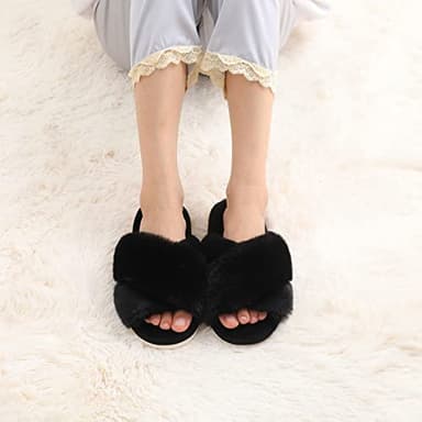 Evshine Women's Fuzzy Slippers Cross Band Memory Foam House Slippers Open Toe, Black, 42-43 (Size 10-11) - Image 7
