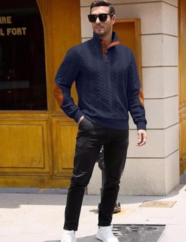 QOSOQ Men's Cable Knit Pullover Sweater Casual Long Sleeve Stand Collar Quarter Button Knitted Sweatshirts Quilted Sweatshirt Navy - Image 5