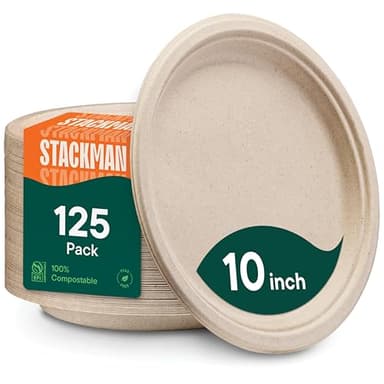 Paper Plates, 100% Compostable Heavy Duty Disposable 10 Inch Plate - [125-Pack] - {PFAS-Free} - {BPI Certified} Eco-Friendly, Biodegradable Bagasse - Image 1