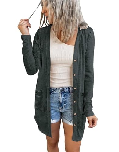 MEROKEETY Women's Open Front Lightweight Cardigan Long Sleeve Button Down Loose Outwear with Pockets, Darkgrey, M - Image 1