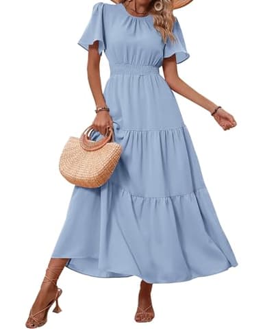 PRETTYGARDEN Women's Summer Casual Short Flutter Sleeve Round Neck Smocked Waist Tiered Boho Floral Flowy Maxi Dress(Solid Sky Blue,Medium) - Image 1