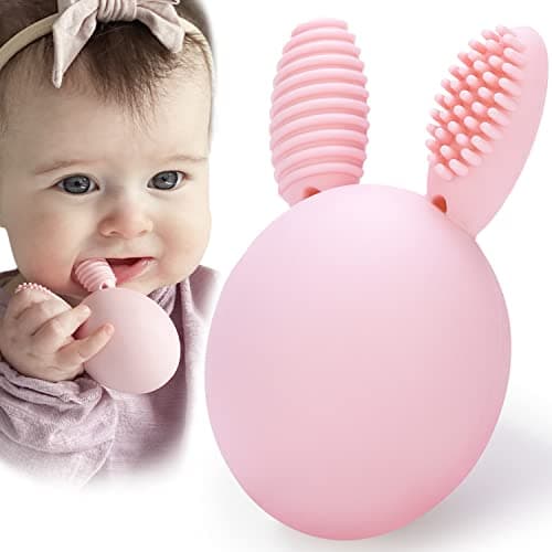 Bunny Eggy Teether Baby Teething Toy Rabbit Egg Rattle Toy Teething Pain Relief for Babies Boys Girls - Pink - Image 1