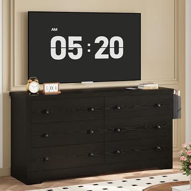 LIKIMIO Dresser for Bedroom 6 Drawer with Charging Station, TV Stand Storage Chest of Drawers for Living Room Hallway Entryway, MDF Board, 59 Inches Black - Image 1
