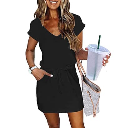 Womens Summer Dress Lantern Sleeve Square Neck Tie Front A-Line Double Layer Hem Mini Dresses Black - Image 1