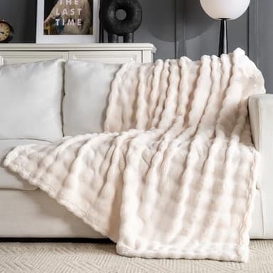 Faux Fur Bed Blankets King Size Off White, Soft Fluffy Bubble Blanket for Couch Sofa, Thick Warm Plush Fuzzy Rabbit Fur Large Blanket for All Season Use, 90"X 90" - Image 4