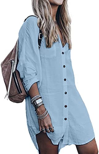 POGTMM Swim Cover up for Women 3/4 Sleeve Button Down Bathing Suit Cover ups（M,B-Sky Blue - Image 1
