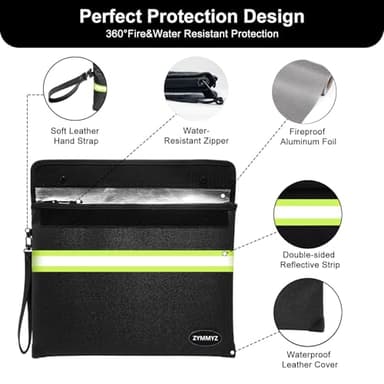 ZYMMYZ Fireproof Document Bag with Water Resistant Zipper,6200°F Heat Insulated Fire Proof Pouch with Soft Leather Hand Strap,Fire and Waterproof Envelope for Cash,Documents,Jewelry - Image 3