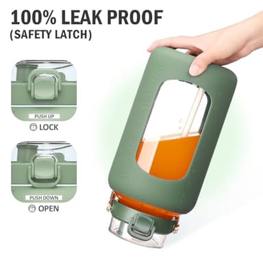 WINSA 84oz Glass Water Bottle with Stainless Steel Handle,2.5L Gallon Water Bottle with 2-IN-1 Straw Lid, Silicone Sleeve and Motivational Capacity Marker, Wide Mouth Water Jug For Gym, Workout, Olive - Image 6