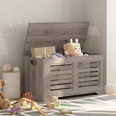 DINZI LVJ Storage Chest, 39.4”Wooden Toy Box with 2 Safety Hinges, Retro Entryway Shoe Storage Bench with Flip-Top, Sturdy Large Storage Trunk for Living Room, Bedroom, Easy Assembly, Greige - Image 5