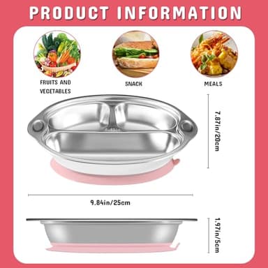 Mrs. Chou Stainless Steel Baby Suction Plates: Divided Plates for Babies and Toddlers, Made of 100% Food-Grade Materials Ideal for Baby-Led Weaning BPA-Free Toddler Feeding Dishwasher Safe PINK - Image 4