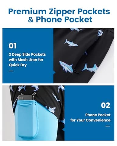 maamgic Mens Swim Trunks with Compression Liner 5" Stretch Beach Shorts Quick Dry with Zipper Pockets No-Chafing Board Shorts Blue Shark M - Image 5