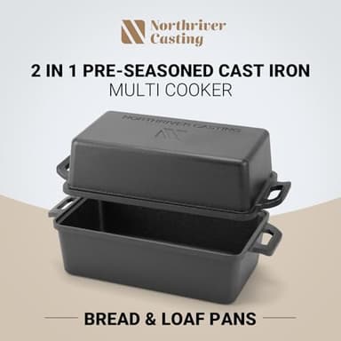 Northriver Casting 9×5 Inch Cast Iron Loaf Pan with Lid | Bread Baking Pan | Even Heat Distribution for Homemade Bread, Cake, and Meatloaf | 2 Piece Set - Image 3