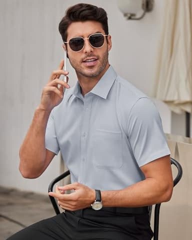 Alimens & Gentle Mens Short Sleeve Dress Shirts Wrinkle Free Solid Casual Button Down Shirts with Pocket, Light Grey, Small - Image 2