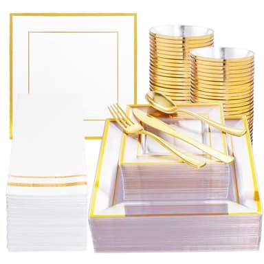 Festiva 350Pcs Clear Plastic Plates with Gold rim - Clear Gold Disposable Dinnerware for 50 Guests include 100 Square Plastic Plates 50Cups 50Cutlery 50Napkins Perfect for Thanksgiving Party&Wedding - Image 1