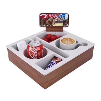 Couch Cup Holder Tray, Acacia Wooden Silicone Couch Caddy, Sofa Drink Holder Couch Storage Tray for Phone Tab Pen Key Beverage White - Image 1