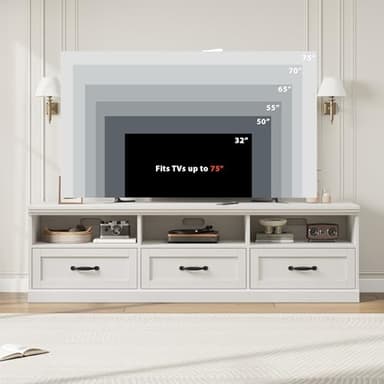 GarveeHome TV Stand for 65/70/75 Inch TV, Entertainment Center with Storage Drawer, Mid-Century Modern TV Console with Open Shelves, 70in Media TV Cabinet for Living Room, Bedroom, Antique White - Image 4