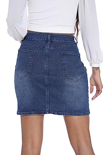 GUANYY Womens Mini Jean Skirt Stretch High Rise Casual Slim Fit Classic Elastic Denim Skirts Summer 2025 Blue Medium - Image 4