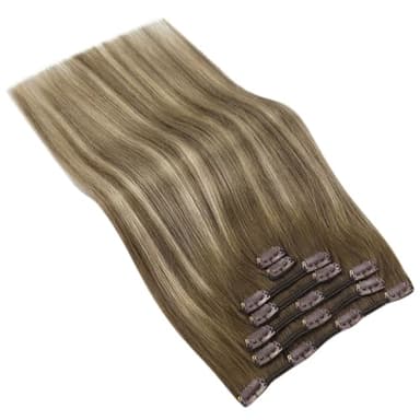 Ve Sunny Clip in Human Hair Extensions Balayage Clip in Hair Extensions Real Human Hair 24 Inch Long Straight Remy Hair Extensions Clip ins Dark Brown to Light Brown with Blonde 120g 7Pcs - Image 7