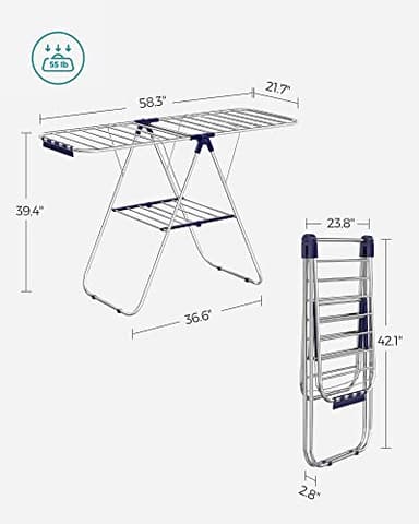 SONGMICS Clothes Drying Rack, with Sock Clips, Metal Laundry Rack, Foldable, Space-Saving, Free-Standing Airer, with 2 Height-Adjustable Gullwings, Indoor Outdoor Use, Silver and Blue ULLR52BU - Image 6