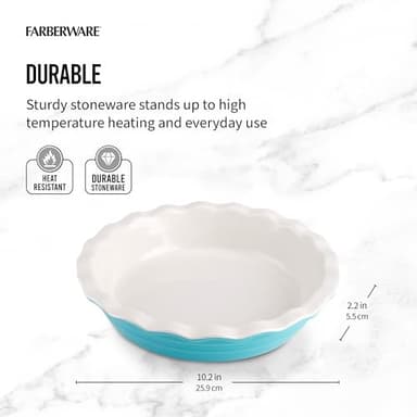 Farberware Bakers Advantage Durable Stoneware Ceramic Pie Dish, Ideal for Making Sweet and Savory Dishes, Heat Resistant, 10 Inch, Teal - Image 2