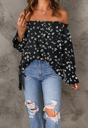 Spriolim Off Shoulder Boho Top for Women Long Sleeve Casual Shirt Ruffle Chiffon Blouses Floral Black, Large - Image 3
