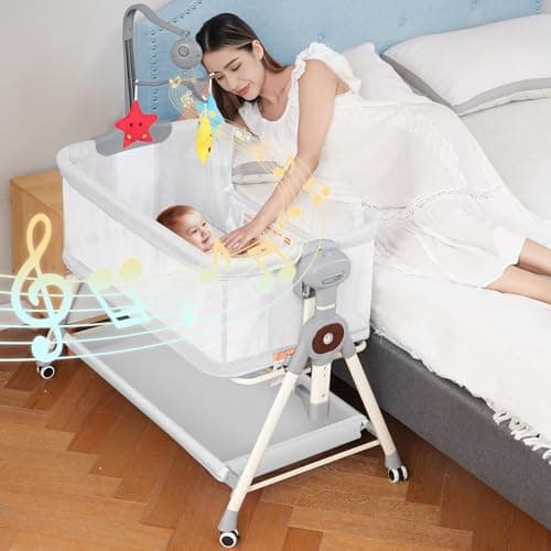 Rocking Baby Bassinet, Bedside Bassinet for Baby, 3 in 1 Bedside Sleeper with Musical Toys, Storage Basket and Wheels, Adjustable Bedside Crib for Newborn, White - Image 1