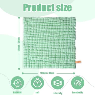 MUKIN Muslin Washcloths - Soft Face Cloths for Newborn, Absorbent Bath Face Towels, Wipes, Burp Cloths, Baby Registry as Shower. Pack of 10 (Green,Blue,White) - Image 2