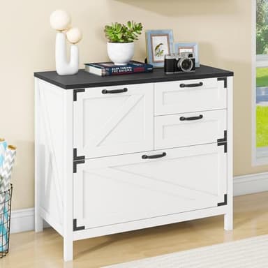 Lateral File Cabinet with 4 Drawers Farmhouse File Cabinet for Letter/Legal/A4 Size Hanging Files, Large Wood File Storage Cabinets Printer Stand for Home Office Cabinet, White and Black - Image 7